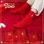 Mid length cotton embroidered red wedding socks