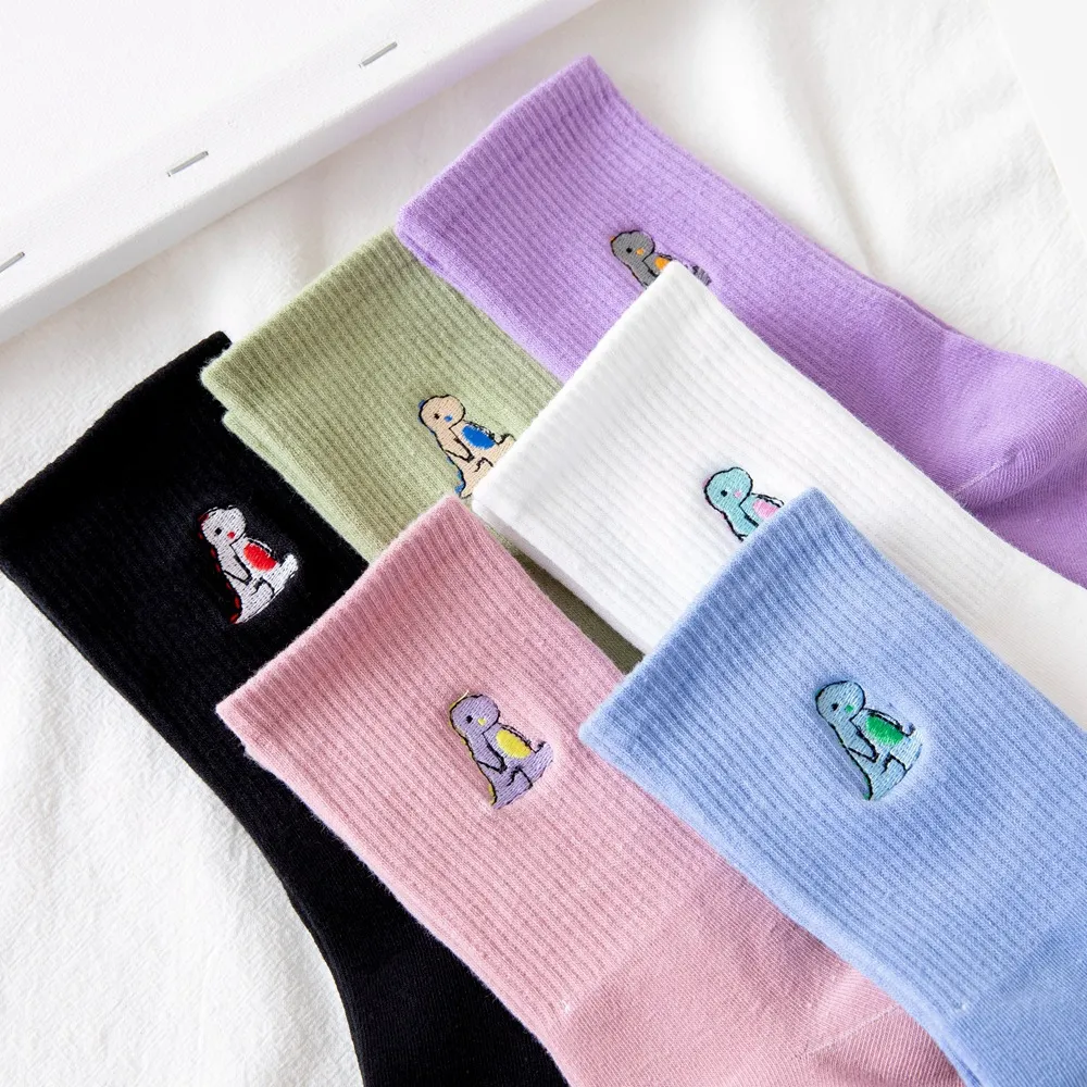 Funny Cartoon Embroidery Dinosaur Warm Happy Woman Socks - Image 3