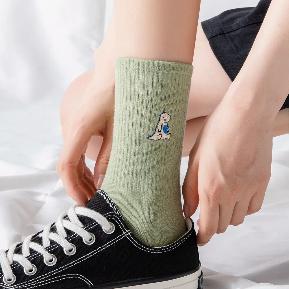 Funny Cartoon Embroidery Dinosaur Warm Happy Woman Socks - Image 2
