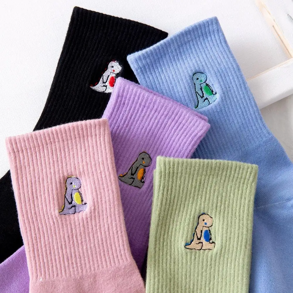 Funny Cartoon Embroidery Dinosaur Warm Happy Woman Socks - Image 4