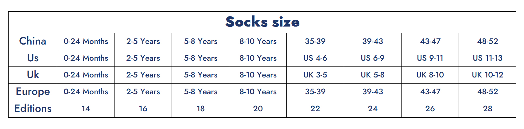 Specific Sock Size Chart