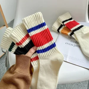 Winter Knitting Stripe Retro Cotton Sport Crew Socks Men