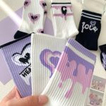 Purple Love Womes Crew Cartoon Letter Sports Cotton Socks