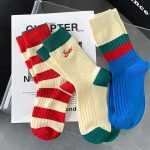 Womens Embroidery Mid-tube Cotton Double Needle Vertical Striped Socks