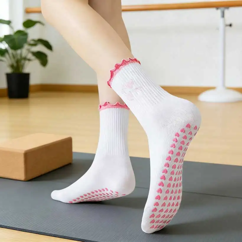 Embroidered-yoga-non-slip-socks-with-ruffle-edges